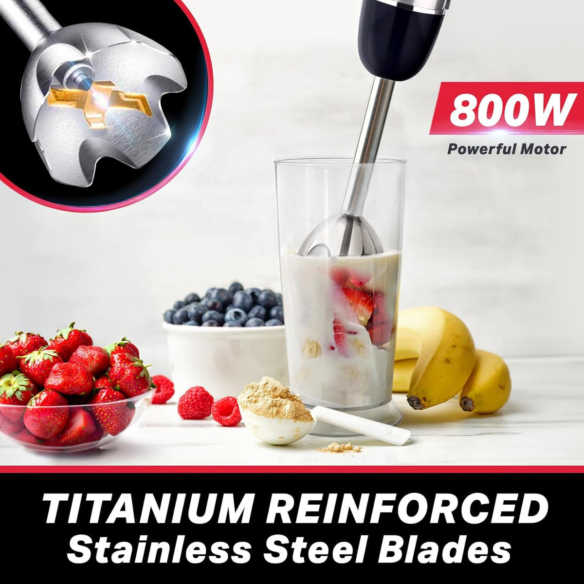 Multistick 5-in-1 Immersion Blender Handheld, 12-Speed Hand Mixer | Turbo Boost,Heaviest Duty Copper Motor,Titanium reinforced Blades Hand Blender,Milk Frother Wand,Whisk,Beaker,Chopper,Grey