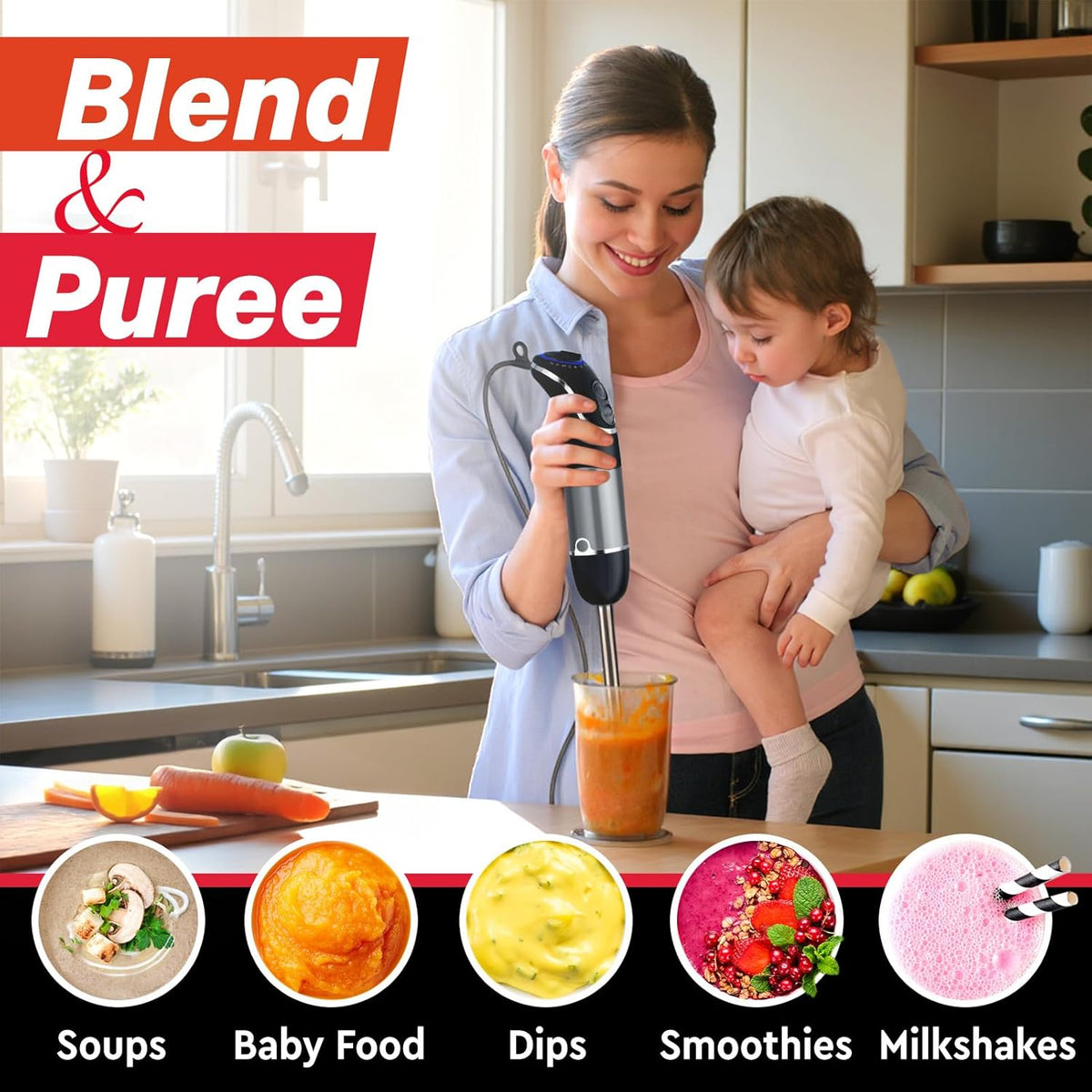 Multistick 5-in-1 Immersion Blender Handheld, 12-Speed Hand Mixer | Turbo Boost,Heaviest Duty Copper Motor,Titanium reinforced Blades Hand Blender,Milk Frother Wand,Whisk,Beaker,Chopper,Grey