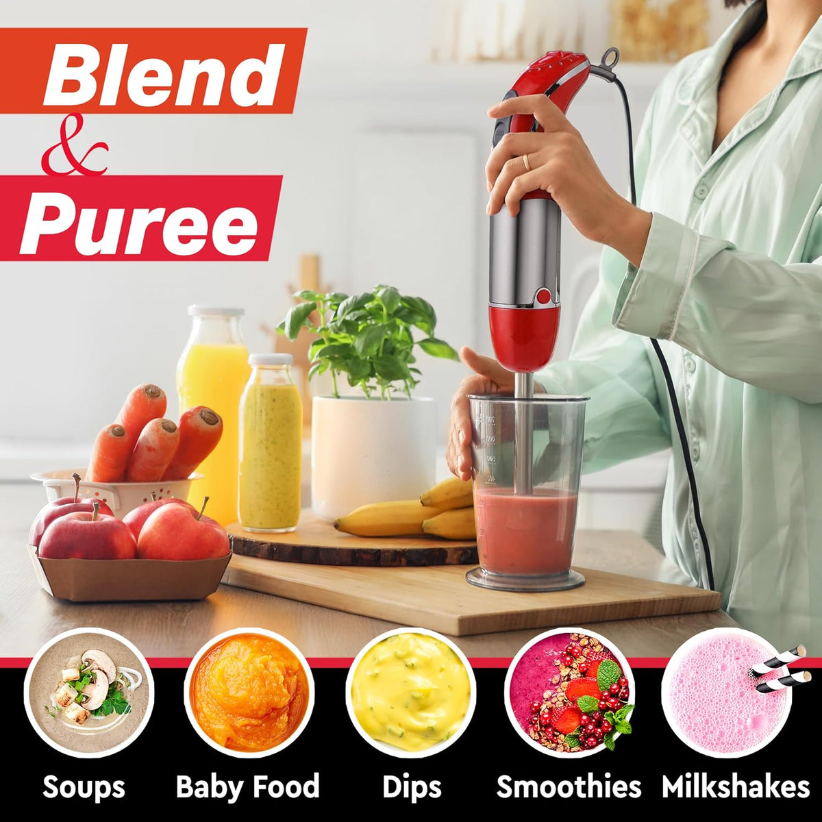 Multistick 5-in-1 Immersion Blender Handheld, 12-Speed Hand Mixer | Turbo Boost,Heaviest Duty Copper Motor,Titanium reinforced Blades Hand Blender,Milk Frother Wand,Whisk,Beaker,Chopper,Grey