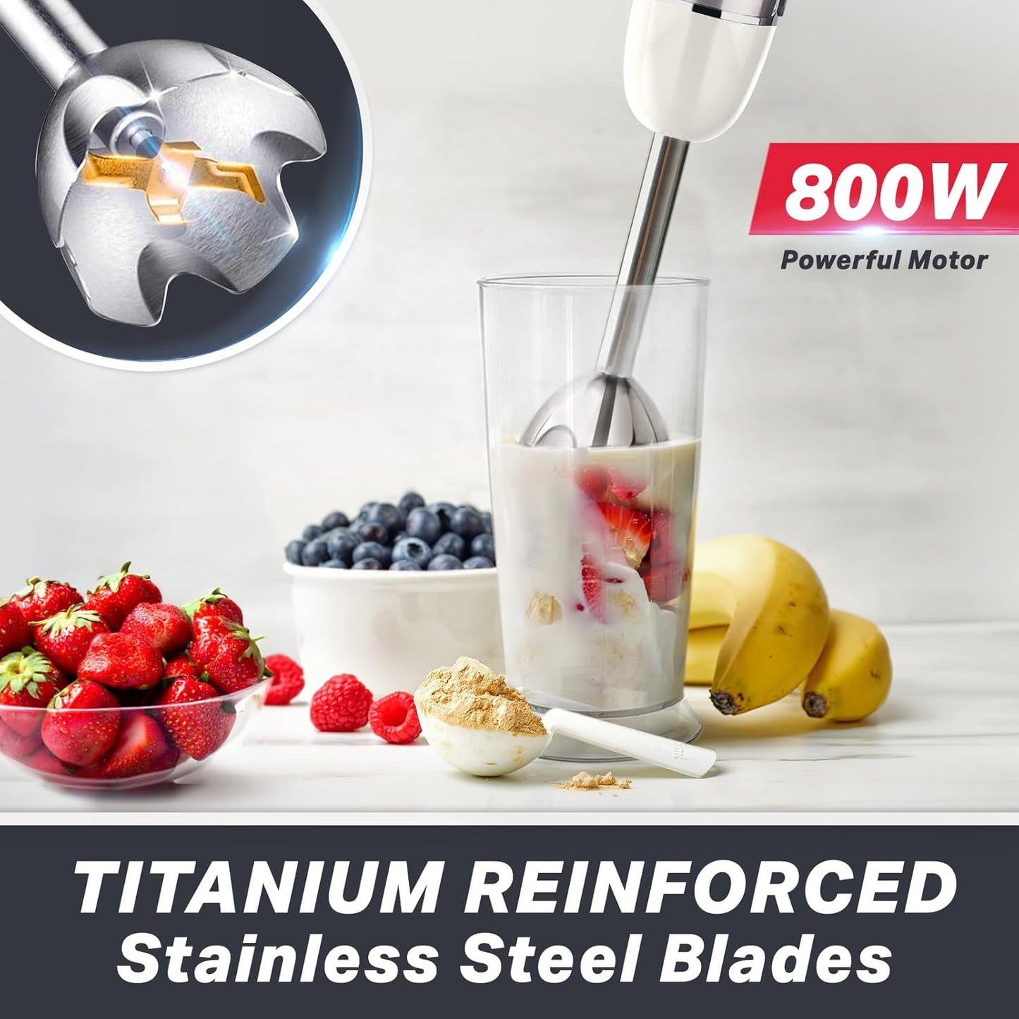 Multistick 5-in-1 Immersion Blender Handheld, 12-Speed Hand Mixer | Turbo Boost,Heaviest Duty Copper Motor,Titanium reinforced Blades Hand Blender,Milk Frother Wand,Whisk,Beaker,Chopper,Grey