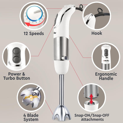 Multistick 5-in-1 Immersion Blender Handheld, 12-Speed Hand Mixer | Turbo Boost,Heaviest Duty Copper Motor,Titanium reinforced Blades Hand Blender,Milk Frother Wand,Whisk,Beaker,Chopper,Grey