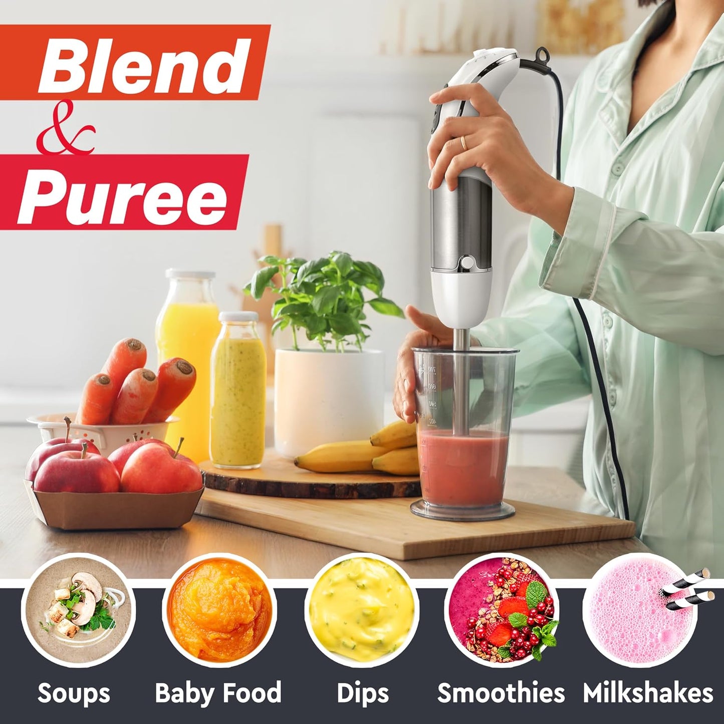 Multistick 5-in-1 Immersion Blender Handheld, 12-Speed Hand Mixer | Turbo Boost,Heaviest Duty Copper Motor,Titanium reinforced Blades Hand Blender,Milk Frother Wand,Whisk,Beaker,Chopper,Grey