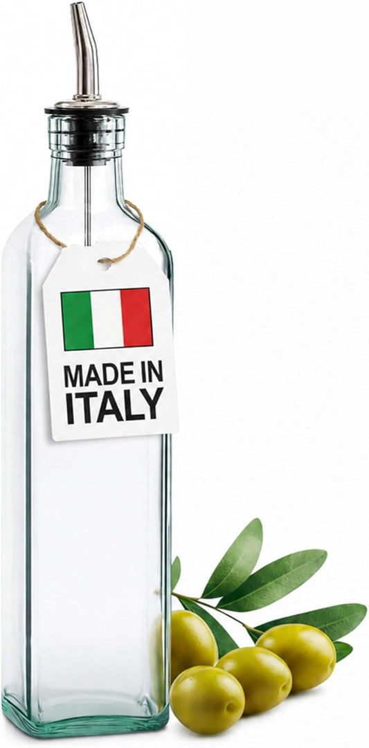Olive Oil Dispenser Bottle - 16 oz, Made in Italy Glass Olive Oil and Vinegar Cruet with Stainless Steel Spout for Kitchen, Slight Green Tint (1, 473 ml)