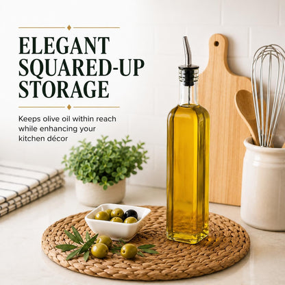 Olive Oil Dispenser Bottle - 16 oz, Made in Italy Glass Olive Oil and Vinegar Cruet with Stainless Steel Spout for Kitchen, Slight Green Tint (1, 473 ml)