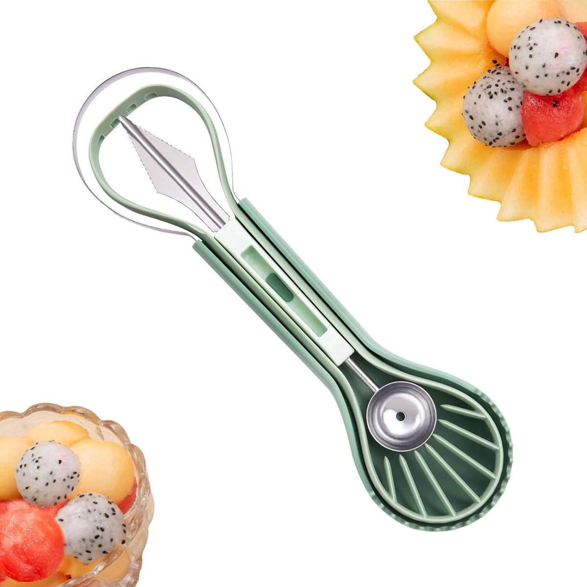 Melon Baller Scoop Set - 6 in 1,Stainless Steel Fruit Cutter,Seed Remover Cutter,watermelon Scooper Fruit Scooper and Baller, Fruit Carving Tools Dig Pulp Separator Fruit Slicer（Green）