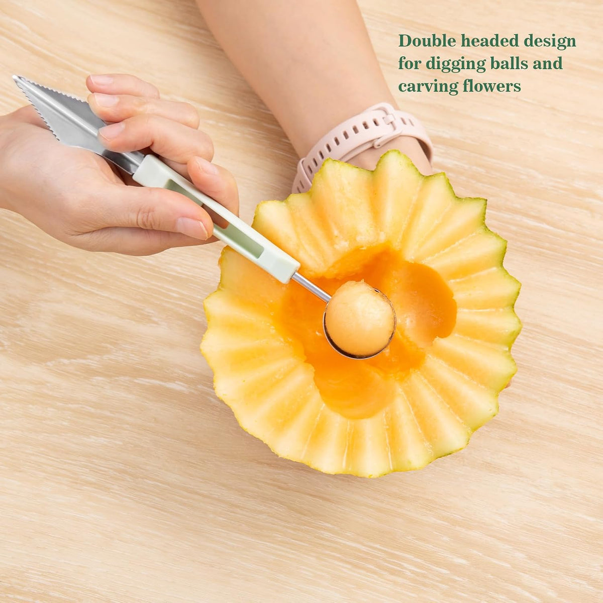 Melon Baller Scoop Set - 6 in 1,Stainless Steel Fruit Cutter,Seed Remover Cutter,watermelon Scooper Fruit Scooper and Baller, Fruit Carving Tools Dig Pulp Separator Fruit Slicer（Green）
