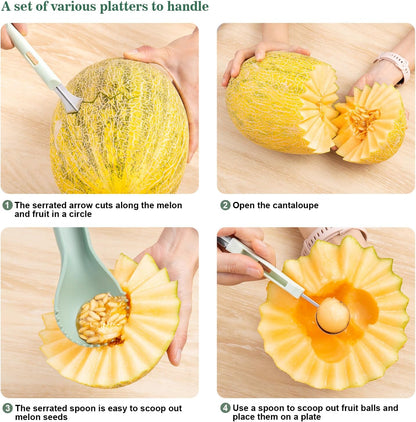 Melon Baller Scoop Set - 6 in 1,Stainless Steel Fruit Cutter,Seed Remover Cutter,watermelon Scooper Fruit Scooper and Baller, Fruit Carving Tools Dig Pulp Separator Fruit Slicer（Green）