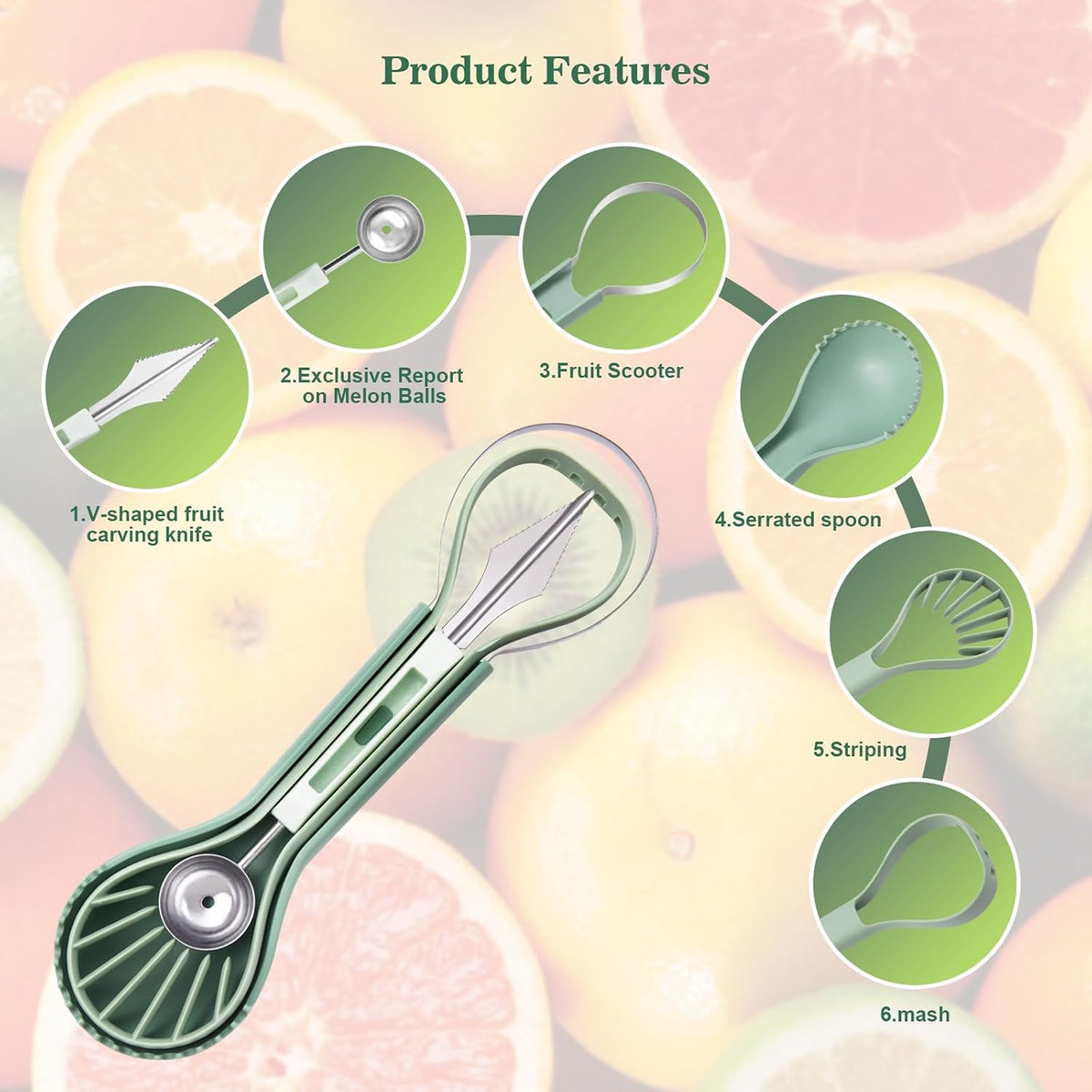 Melon Baller Scoop Set - 6 in 1,Stainless Steel Fruit Cutter,Seed Remover Cutter,watermelon Scooper Fruit Scooper and Baller, Fruit Carving Tools Dig Pulp Separator Fruit Slicer（Green）