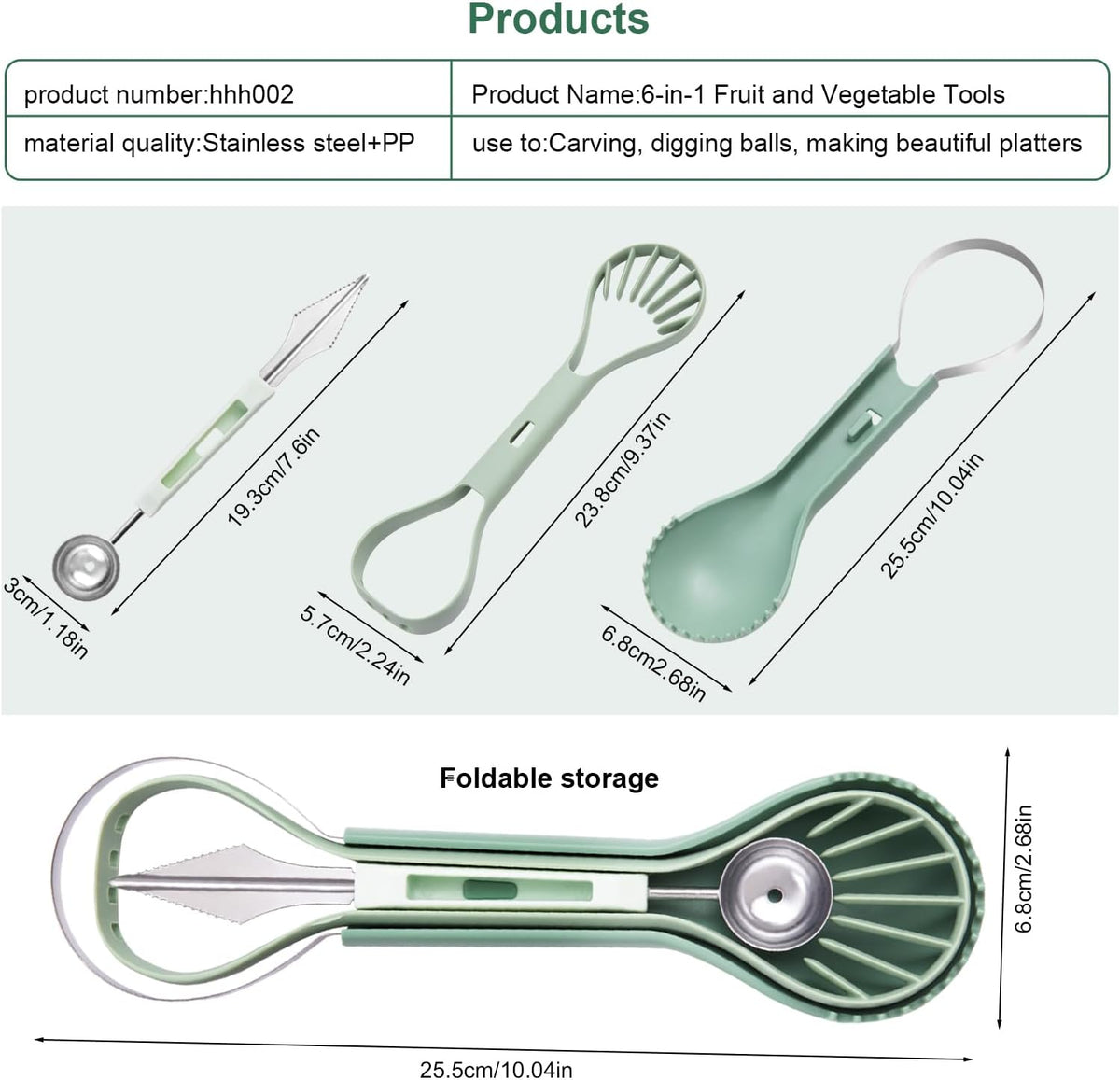 Melon Baller Scoop Set - 6 in 1,Stainless Steel Fruit Cutter,Seed Remover Cutter,watermelon Scooper Fruit Scooper and Baller, Fruit Carving Tools Dig Pulp Separator Fruit Slicer（Green）