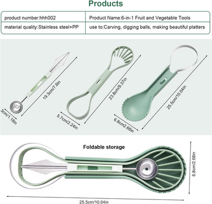 Melon Baller Scoop Set - 6 in 1,Stainless Steel Fruit Cutter,Seed Remover Cutter,watermelon Scooper Fruit Scooper and Baller, Fruit Carving Tools Dig Pulp Separator Fruit Slicer（Green）