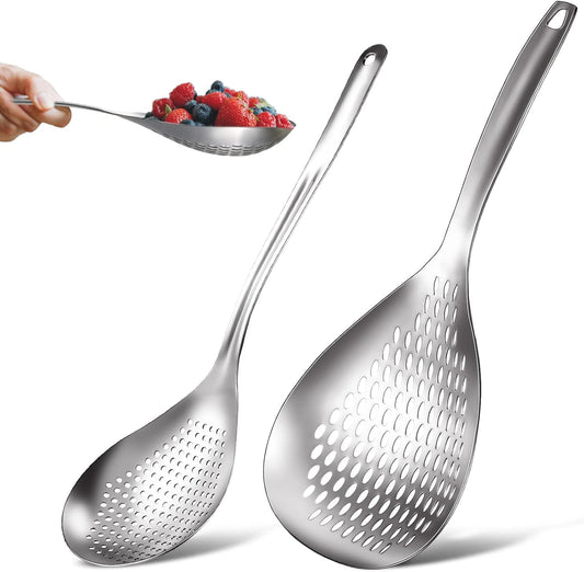 2 Pieces Spider Strainer Skimmer Slotted Spoon Stainless Steel Skimmer Ladle Rustproof Frying Spoon Strainer Colander with Hanging Holes for Kitchen Cooking Draining and Frying