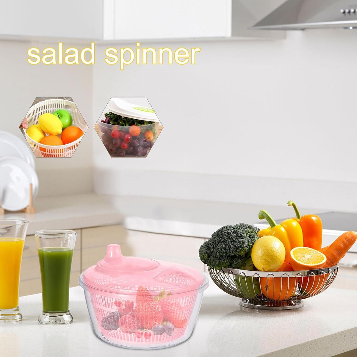 Large Manual Salad Spinner | Efficient Lettuce Washer with Secure Lid, Rotary Handle & Drainer for Quick Drying of Leafy Greens & Fruits in Home Kitchen Hot Pink