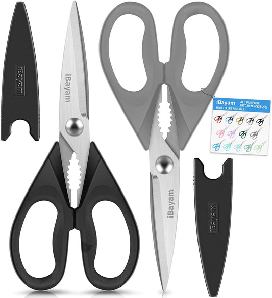 iBayam 8.7" All Purpose Kitchen Shears Heavy Duty with Protective Sheath | Built-In Bottle Opener, Durable Stainless Steel Scissors, Dishwasher Safe, Soft Grip Comfort Handle, Cooking, Food, Packaging