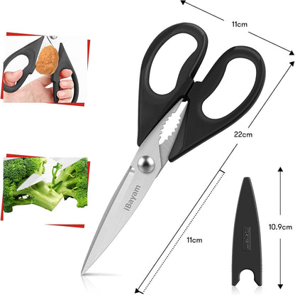 iBayam 8.7" All Purpose Kitchen Shears Heavy Duty with Protective Sheath | Built-In Bottle Opener, Durable Stainless Steel Scissors, Dishwasher Safe, Soft Grip Comfort Handle, Cooking, Food, Packaging