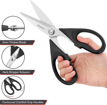 iBayam 8.7" All Purpose Kitchen Shears Heavy Duty with Protective Sheath | Built-In Bottle Opener, Durable Stainless Steel Scissors, Dishwasher Safe, Soft Grip Comfort Handle, Cooking, Food, Packaging