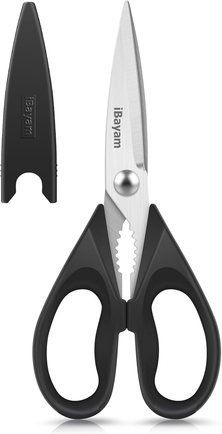 iBayam 8.7" All Purpose Kitchen Shears Heavy Duty with Protective Sheath | Built-In Bottle Opener, Durable Stainless Steel Scissors, Dishwasher Safe, Soft Grip Comfort Handle, Cooking, Food, Packaging