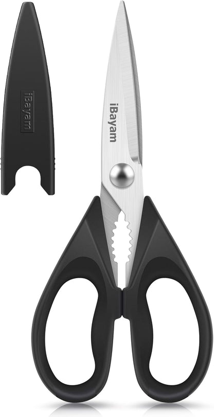 iBayam 8.7" All Purpose Kitchen Shears Heavy Duty with Protective Sheath | Built-In Bottle Opener, Durable Stainless Steel Scissors, Dishwasher Safe, Soft Grip Comfort Handle, Cooking, Food, Packaging