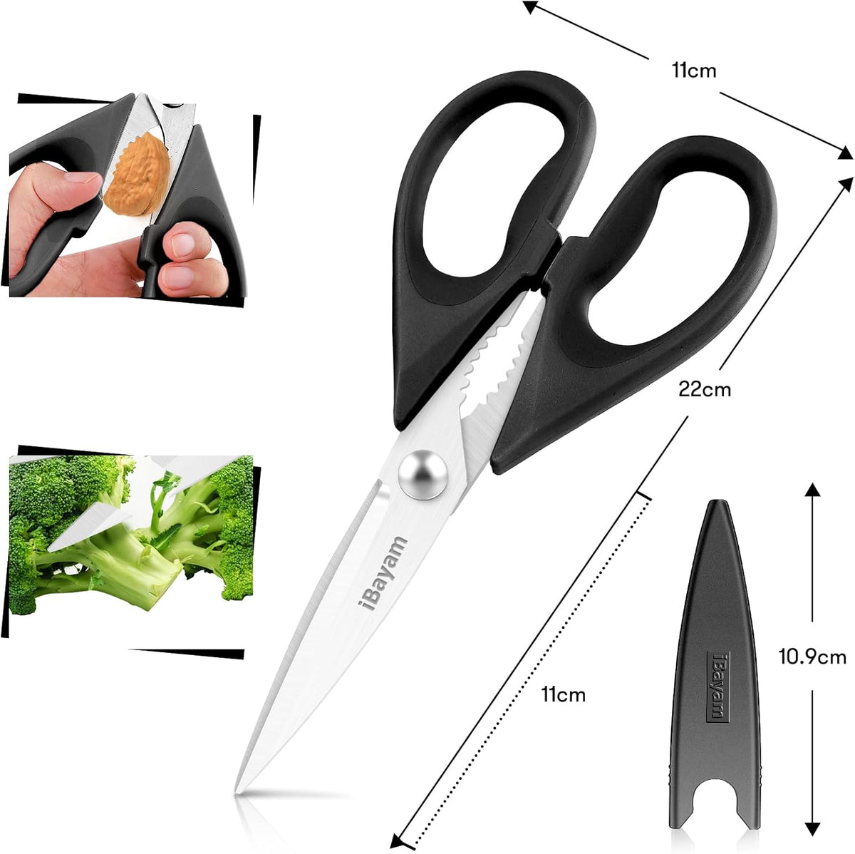 iBayam 8.7" All Purpose Kitchen Shears Heavy Duty with Protective Sheath | Built-In Bottle Opener, Durable Stainless Steel Scissors, Dishwasher Safe, Soft Grip Comfort Handle, Cooking, Food, Packaging