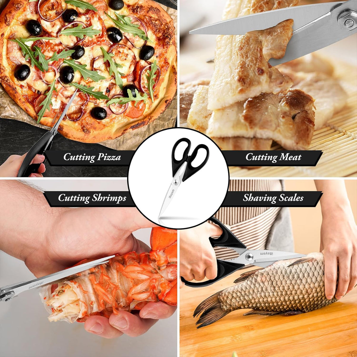 iBayam 8.7" All Purpose Kitchen Shears Heavy Duty with Protective Sheath | Built-In Bottle Opener, Durable Stainless Steel Scissors, Dishwasher Safe, Soft Grip Comfort Handle, Cooking, Food, Packaging