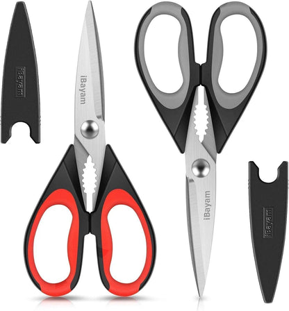 iBayam 8.7" All Purpose Kitchen Shears Heavy Duty with Protective Sheath | Built-In Bottle Opener, Durable Stainless Steel Scissors, Dishwasher Safe, Soft Grip Comfort Handle, Cooking, Food, Packaging