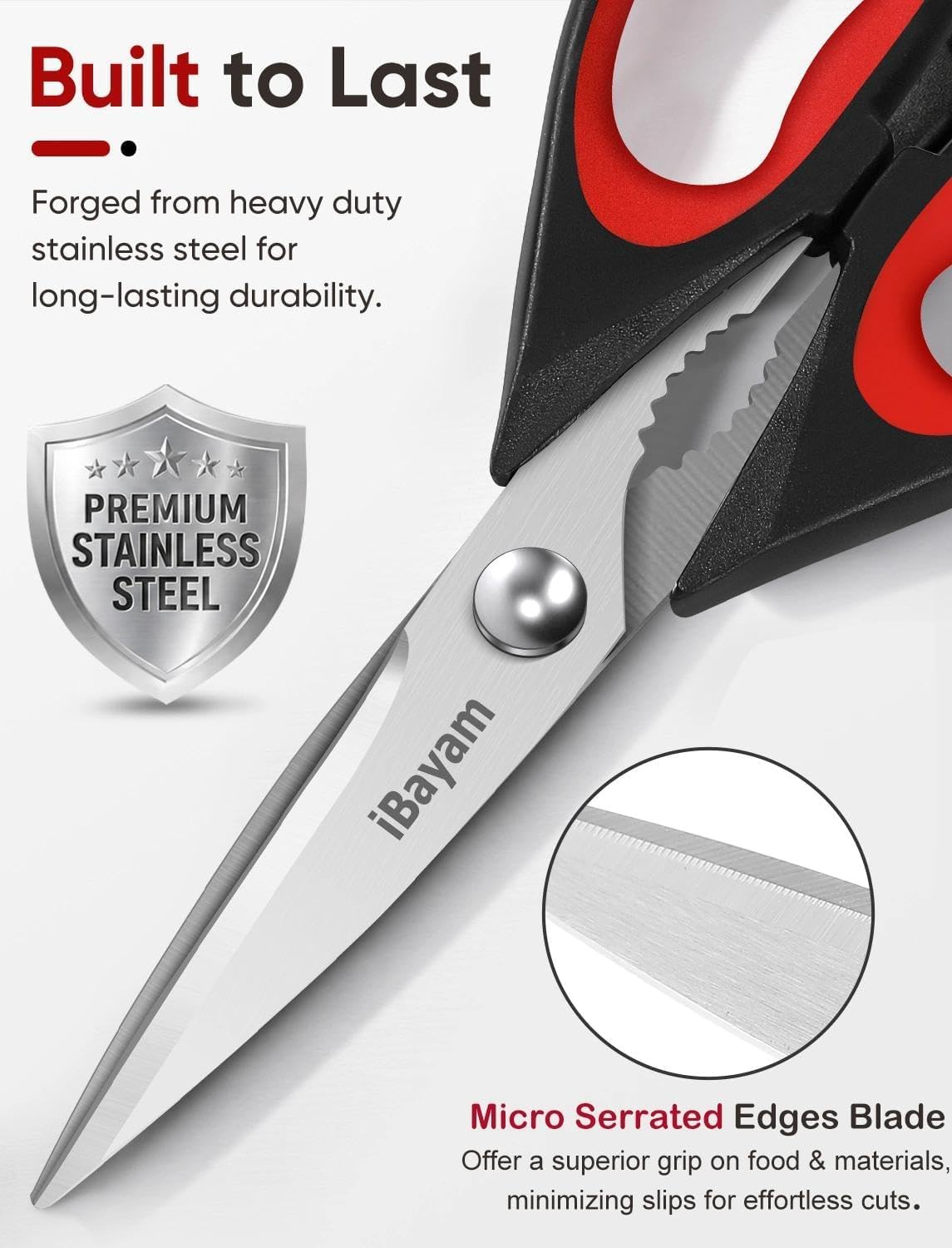 iBayam 8.7" All Purpose Kitchen Shears Heavy Duty with Protective Sheath | Built-In Bottle Opener, Durable Stainless Steel Scissors, Dishwasher Safe, Soft Grip Comfort Handle, Cooking, Food, Packaging