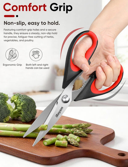 iBayam 8.7" All Purpose Kitchen Shears Heavy Duty with Protective Sheath | Built-In Bottle Opener, Durable Stainless Steel Scissors, Dishwasher Safe, Soft Grip Comfort Handle, Cooking, Food, Packaging