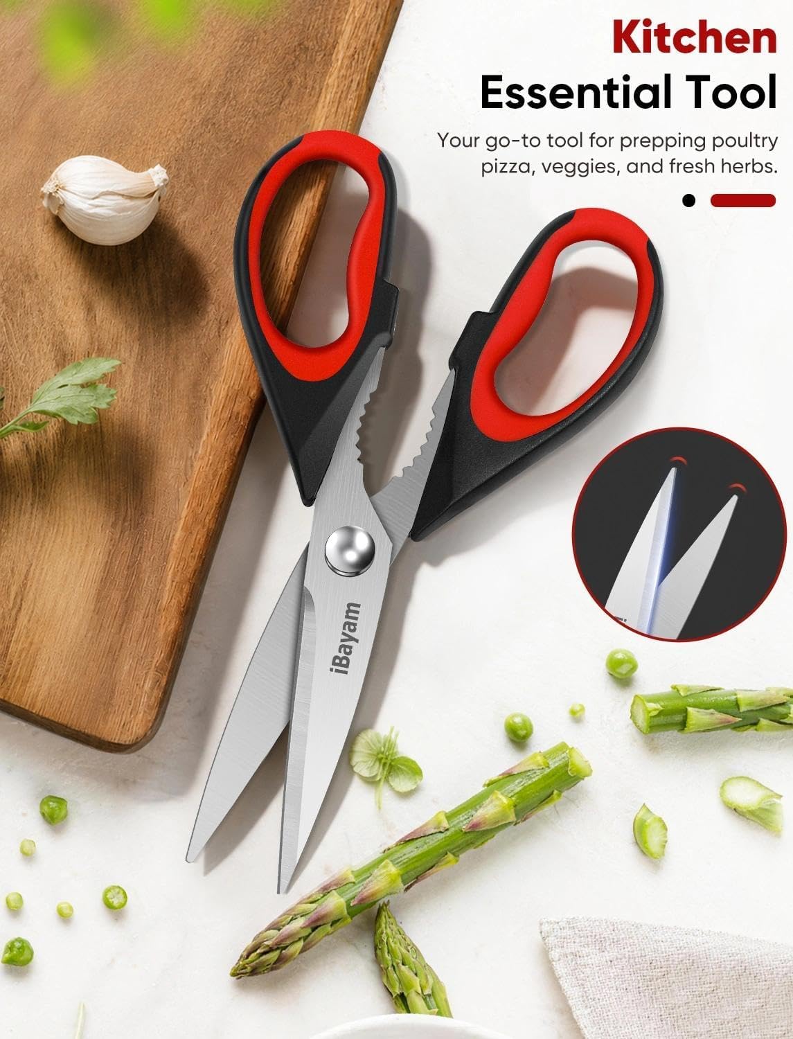 iBayam 8.7" All Purpose Kitchen Shears Heavy Duty with Protective Sheath | Built-In Bottle Opener, Durable Stainless Steel Scissors, Dishwasher Safe, Soft Grip Comfort Handle, Cooking, Food, Packaging
