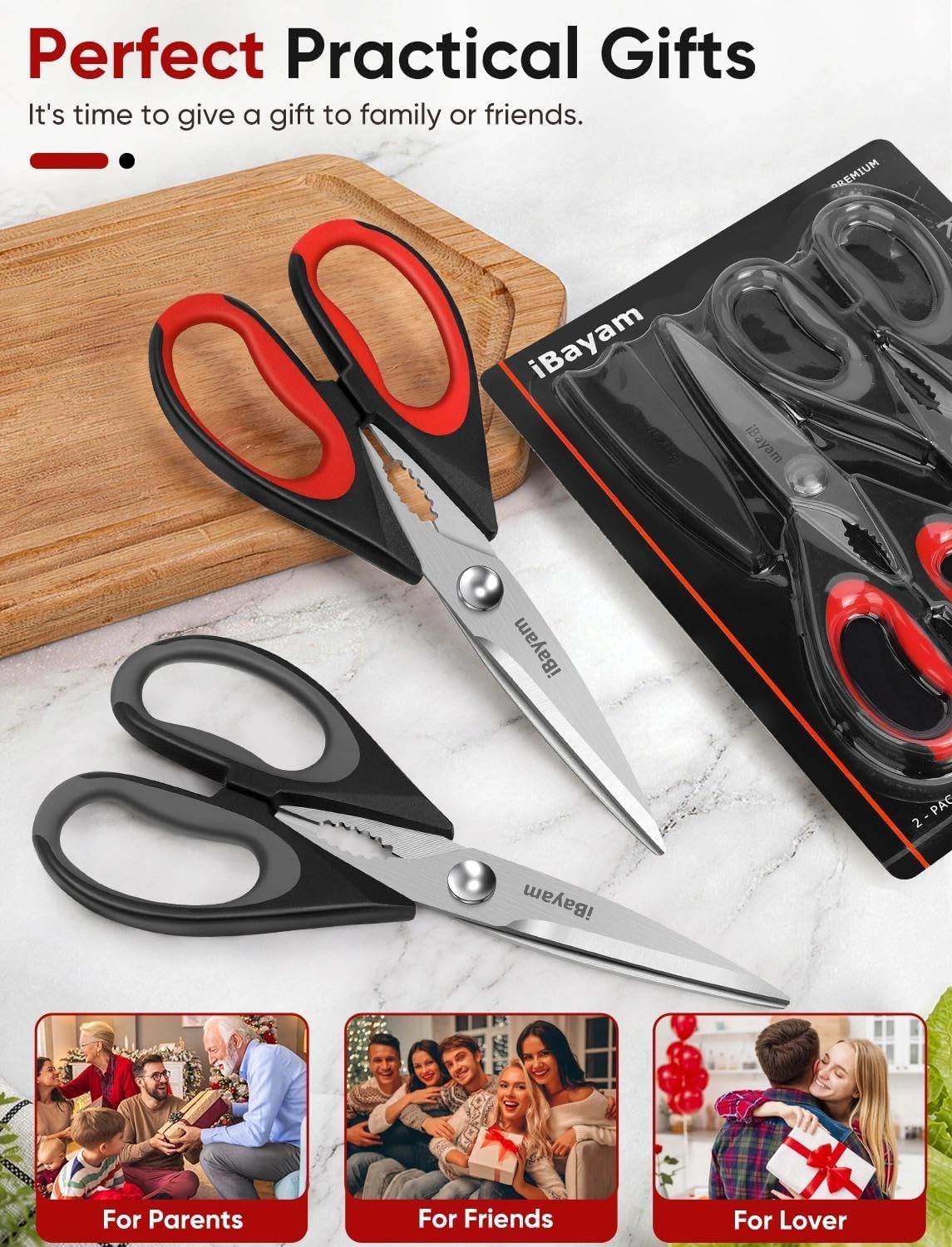 iBayam 8.7" All Purpose Kitchen Shears Heavy Duty with Protective Sheath | Built-In Bottle Opener, Durable Stainless Steel Scissors, Dishwasher Safe, Soft Grip Comfort Handle, Cooking, Food, Packaging