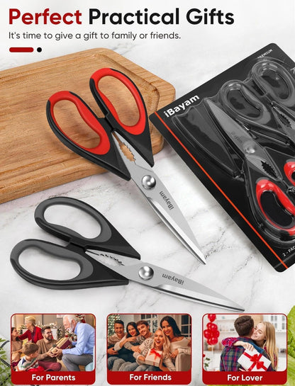 iBayam 8.7" All Purpose Kitchen Shears Heavy Duty with Protective Sheath | Built-In Bottle Opener, Durable Stainless Steel Scissors, Dishwasher Safe, Soft Grip Comfort Handle, Cooking, Food, Packaging