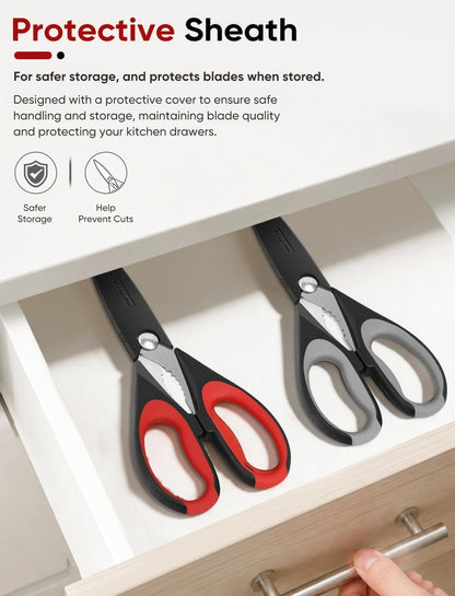 iBayam 8.7" All Purpose Kitchen Shears Heavy Duty with Protective Sheath | Built-In Bottle Opener, Durable Stainless Steel Scissors, Dishwasher Safe, Soft Grip Comfort Handle, Cooking, Food, Packaging