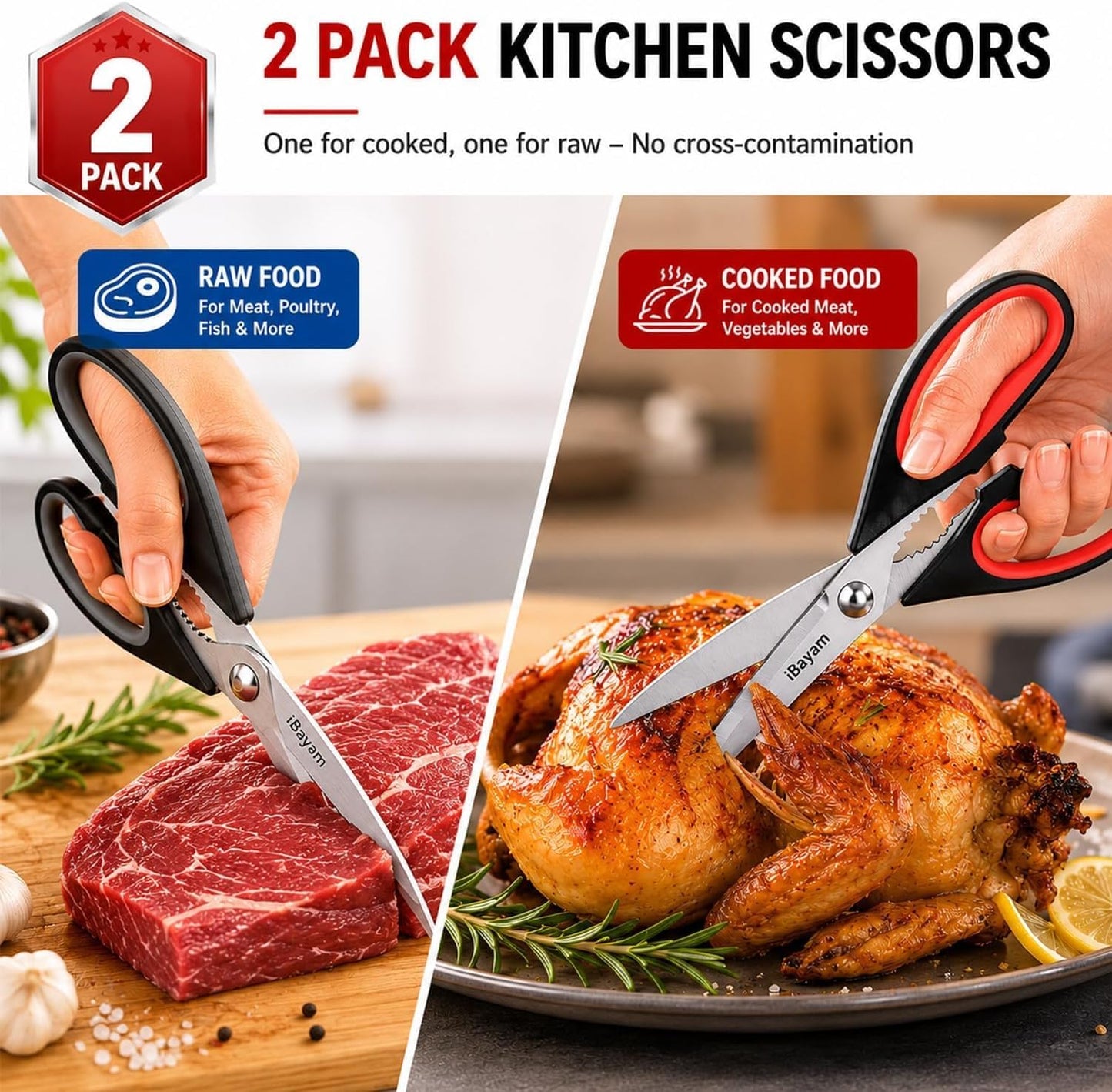 iBayam 8.7" All Purpose Kitchen Shears Heavy Duty with Protective Sheath | Built-In Bottle Opener, Durable Stainless Steel Scissors, Dishwasher Safe, Soft Grip Comfort Handle, Cooking, Food, Packaging