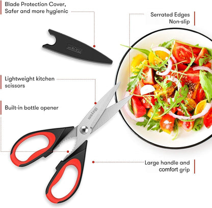 iBayam 8.7" All Purpose Kitchen Shears Heavy Duty with Protective Sheath | Built-In Bottle Opener, Durable Stainless Steel Scissors, Dishwasher Safe, Soft Grip Comfort Handle, Cooking, Food, Packaging