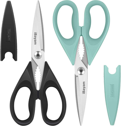 iBayam 8.7" All Purpose Kitchen Shears Heavy Duty with Protective Sheath | Built-In Bottle Opener, Durable Stainless Steel Scissors, Dishwasher Safe, Soft Grip Comfort Handle, Cooking, Food, Packaging