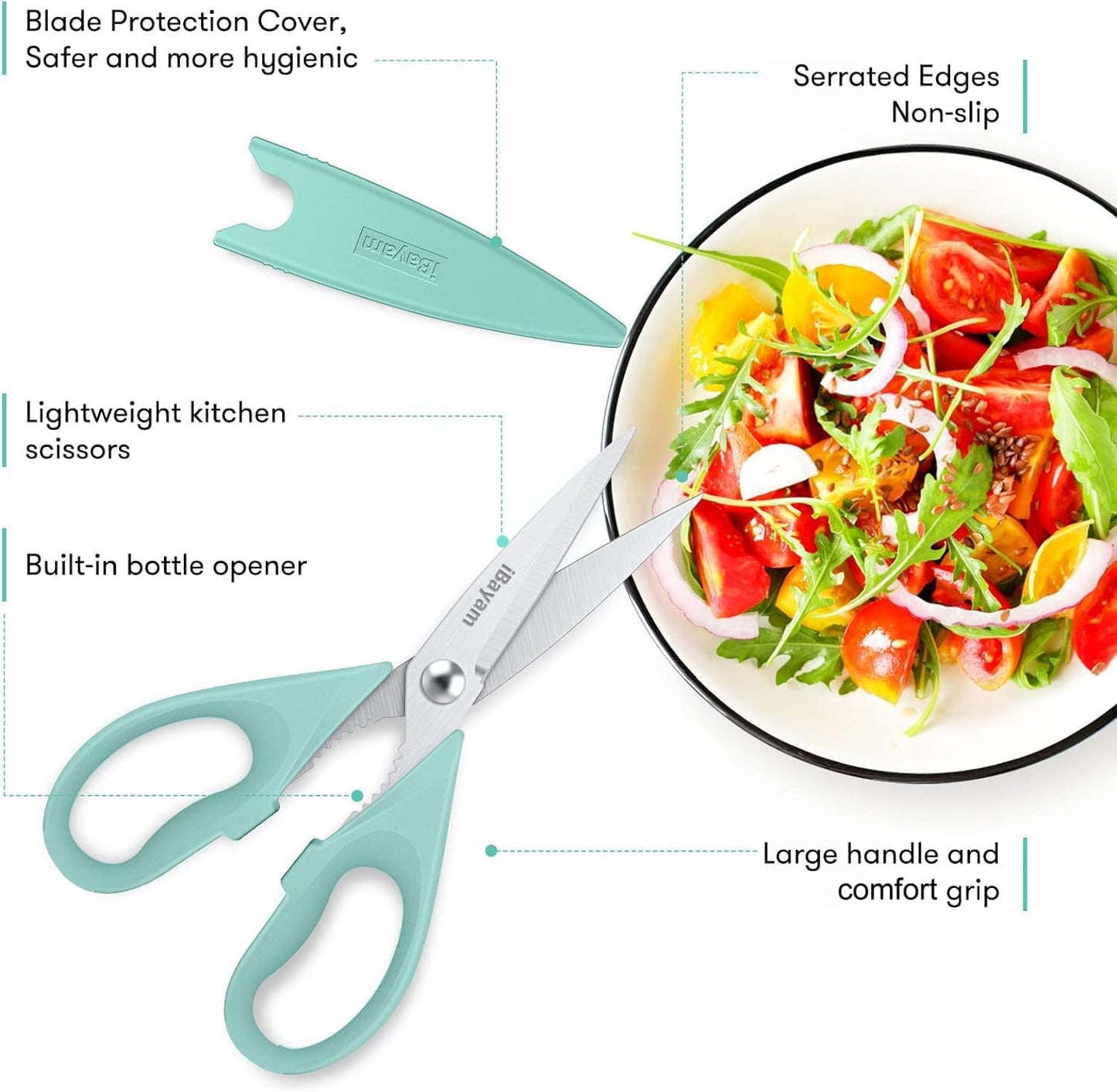 iBayam 8.7" All Purpose Kitchen Shears Heavy Duty with Protective Sheath | Built-In Bottle Opener, Durable Stainless Steel Scissors, Dishwasher Safe, Soft Grip Comfort Handle, Cooking, Food, Packaging