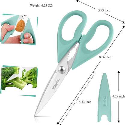 iBayam 8.7" All Purpose Kitchen Shears Heavy Duty with Protective Sheath | Built-In Bottle Opener, Durable Stainless Steel Scissors, Dishwasher Safe, Soft Grip Comfort Handle, Cooking, Food, Packaging