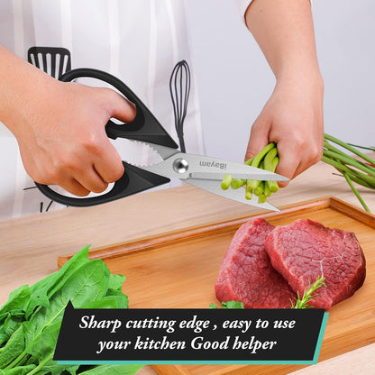 iBayam 8.7" All Purpose Kitchen Shears Heavy Duty with Protective Sheath | Built-In Bottle Opener, Durable Stainless Steel Scissors, Dishwasher Safe, Soft Grip Comfort Handle, Cooking, Food, Packaging
