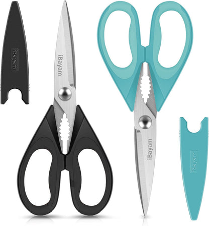 iBayam 8.7" All Purpose Kitchen Shears Heavy Duty with Protective Sheath | Built-In Bottle Opener, Durable Stainless Steel Scissors, Dishwasher Safe, Soft Grip Comfort Handle, Cooking, Food, Packaging