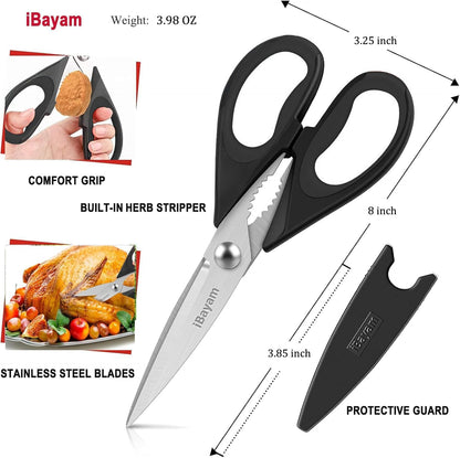 iBayam 8.7" All Purpose Kitchen Shears Heavy Duty with Protective Sheath | Built-In Bottle Opener, Durable Stainless Steel Scissors, Dishwasher Safe, Soft Grip Comfort Handle, Cooking, Food, Packaging