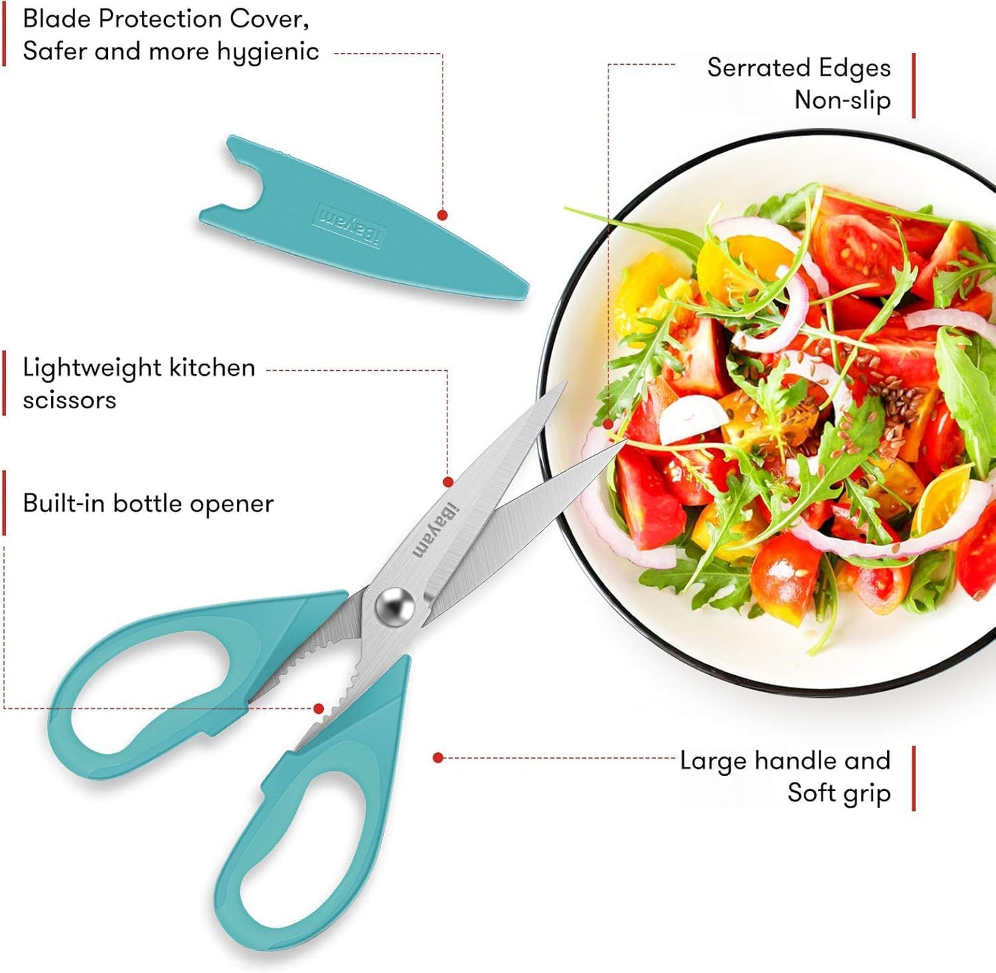 iBayam 8.7" All Purpose Kitchen Shears Heavy Duty with Protective Sheath | Built-In Bottle Opener, Durable Stainless Steel Scissors, Dishwasher Safe, Soft Grip Comfort Handle, Cooking, Food, Packaging