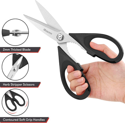 iBayam 8.7" All Purpose Kitchen Shears Heavy Duty with Protective Sheath | Built-In Bottle Opener, Durable Stainless Steel Scissors, Dishwasher Safe, Soft Grip Comfort Handle, Cooking, Food, Packaging