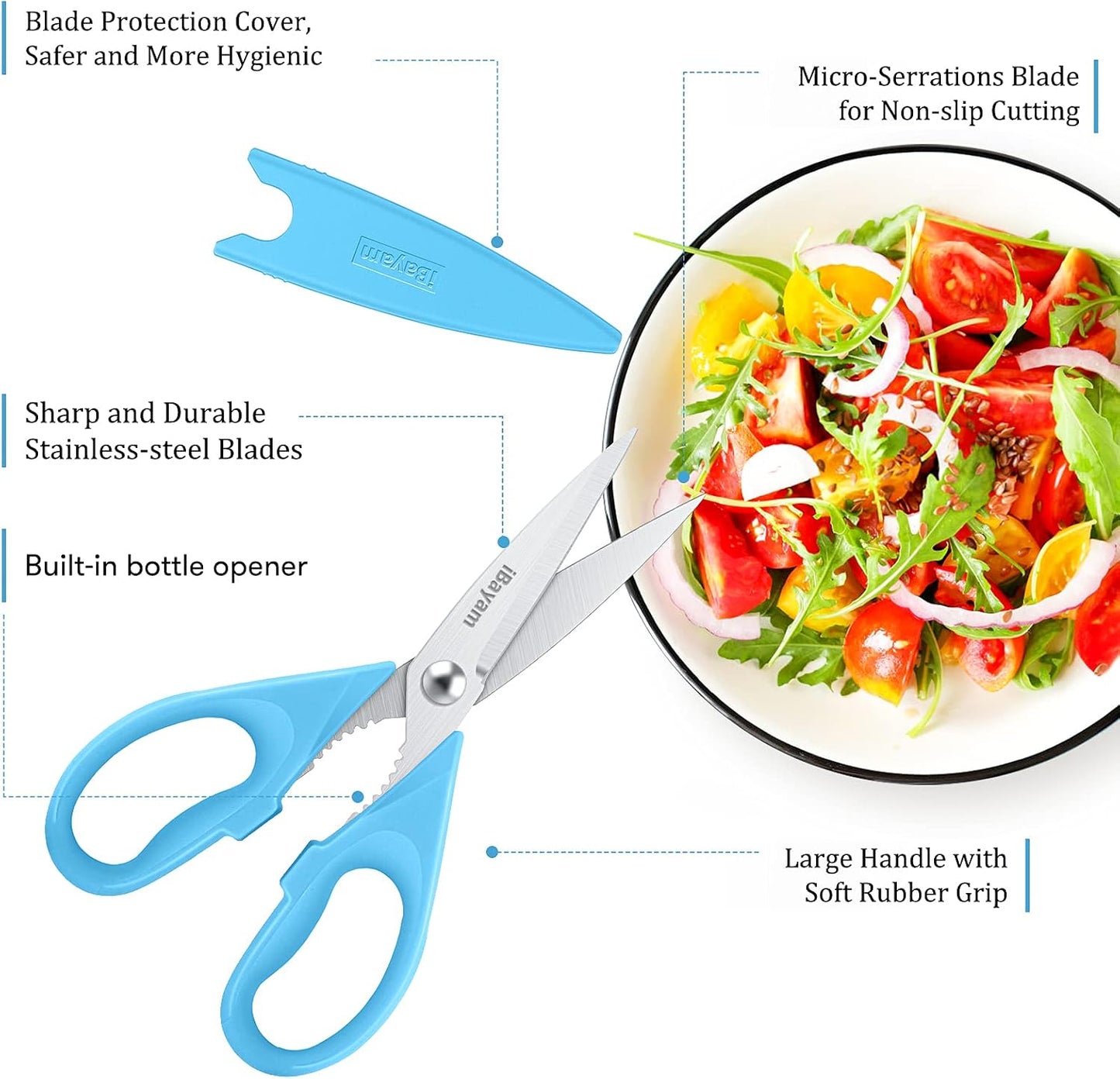 iBayam 8.7" All Purpose Kitchen Shears Heavy Duty with Protective Sheath | Built-In Bottle Opener, Durable Stainless Steel Scissors, Dishwasher Safe, Soft Grip Comfort Handle, Cooking, Food, Packaging
