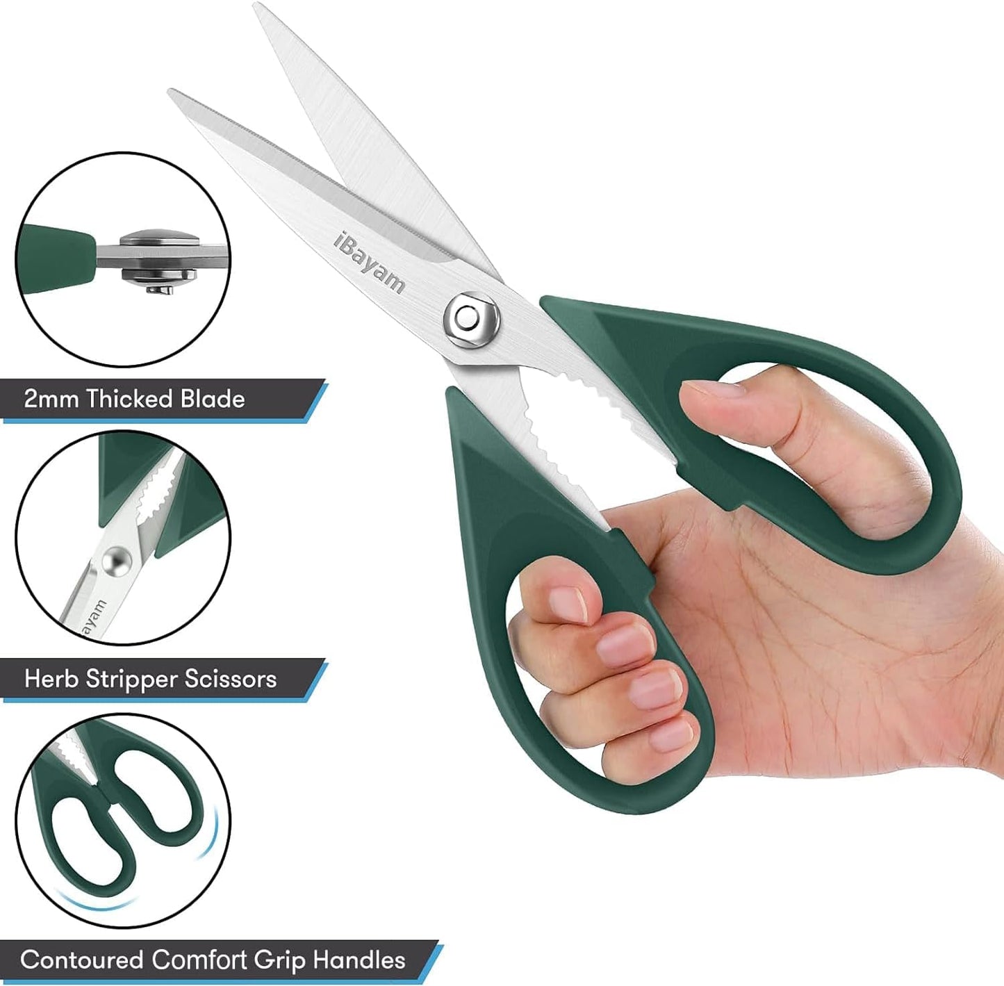 iBayam 8.7" All Purpose Kitchen Shears Heavy Duty with Protective Sheath | Built-In Bottle Opener, Durable Stainless Steel Scissors, Dishwasher Safe, Soft Grip Comfort Handle, Cooking, Food, Packaging