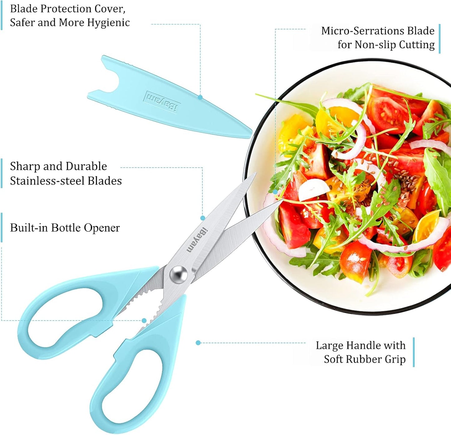 iBayam 8.7" All Purpose Kitchen Shears Heavy Duty with Protective Sheath | Built-In Bottle Opener, Durable Stainless Steel Scissors, Dishwasher Safe, Soft Grip Comfort Handle, Cooking, Food, Packaging