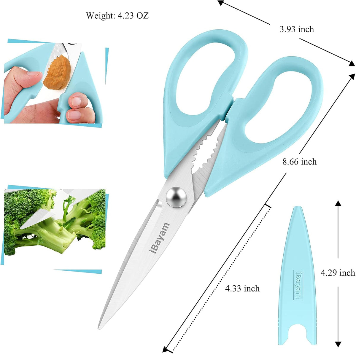 iBayam 8.7" All Purpose Kitchen Shears Heavy Duty with Protective Sheath | Built-In Bottle Opener, Durable Stainless Steel Scissors, Dishwasher Safe, Soft Grip Comfort Handle, Cooking, Food, Packaging