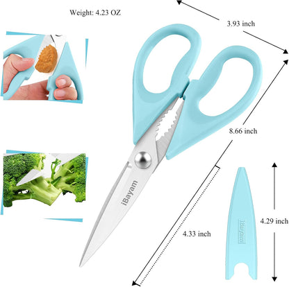 iBayam 8.7" All Purpose Kitchen Shears Heavy Duty with Protective Sheath | Built-In Bottle Opener, Durable Stainless Steel Scissors, Dishwasher Safe, Soft Grip Comfort Handle, Cooking, Food, Packaging