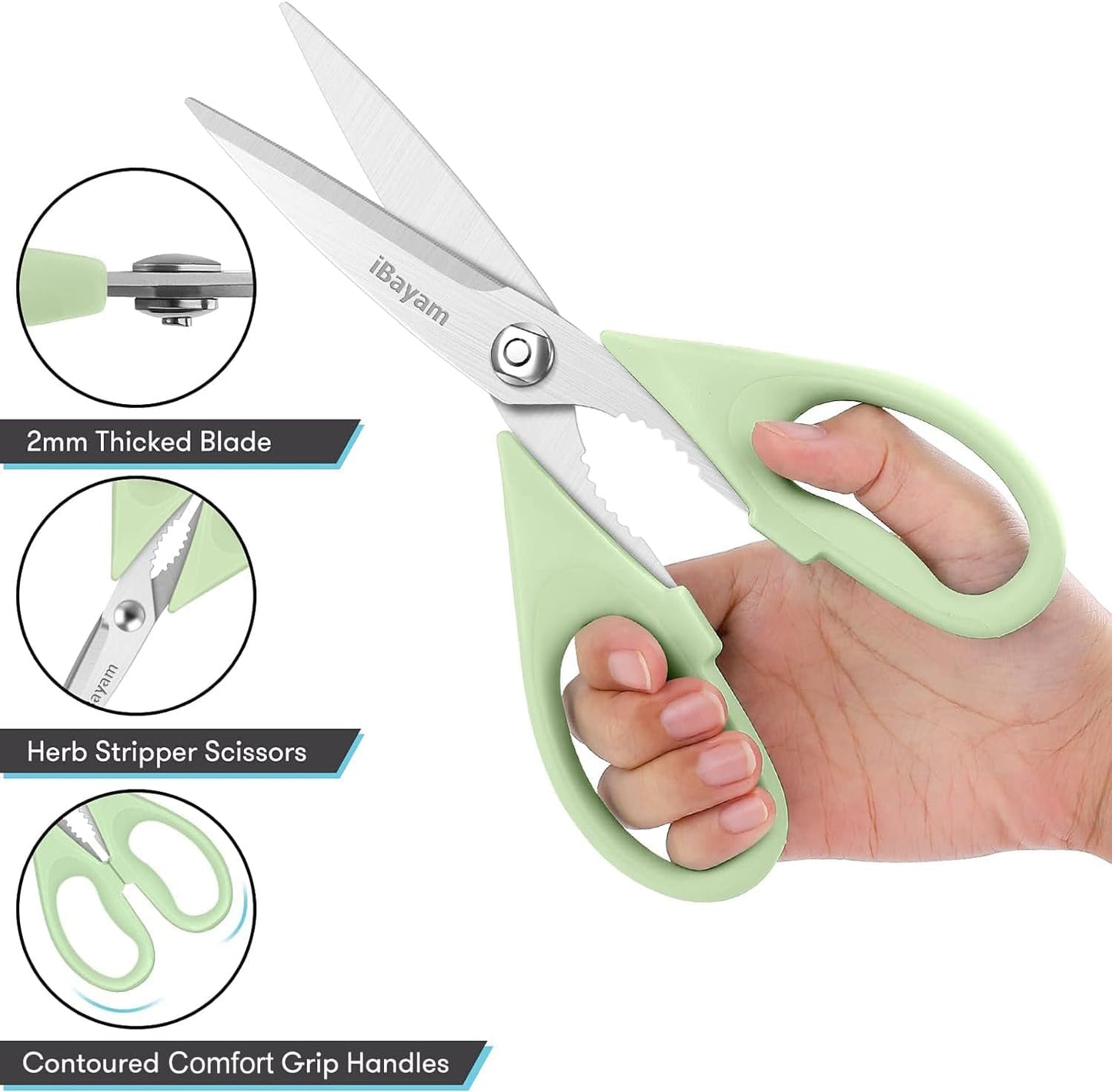 iBayam 8.7" All Purpose Kitchen Shears Heavy Duty with Protective Sheath | Built-In Bottle Opener, Durable Stainless Steel Scissors, Dishwasher Safe, Soft Grip Comfort Handle, Cooking, Food, Packaging