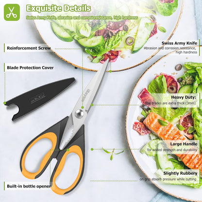 iBayam 8.7" All Purpose Kitchen Shears Heavy Duty with Protective Sheath | Built-In Bottle Opener, Durable Stainless Steel Scissors, Dishwasher Safe, Soft Grip Comfort Handle, Cooking, Food, Packaging