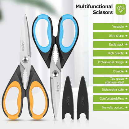 iBayam 8.7" All Purpose Kitchen Shears Heavy Duty with Protective Sheath | Built-In Bottle Opener, Durable Stainless Steel Scissors, Dishwasher Safe, Soft Grip Comfort Handle, Cooking, Food, Packaging