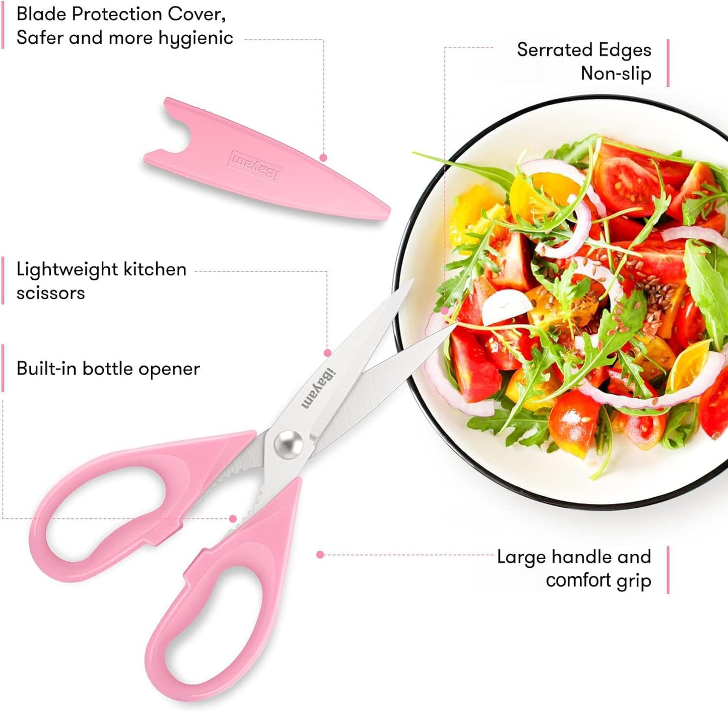iBayam 8.7" All Purpose Kitchen Shears Heavy Duty with Protective Sheath | Built-In Bottle Opener, Durable Stainless Steel Scissors, Dishwasher Safe, Soft Grip Comfort Handle, Cooking, Food, Packaging