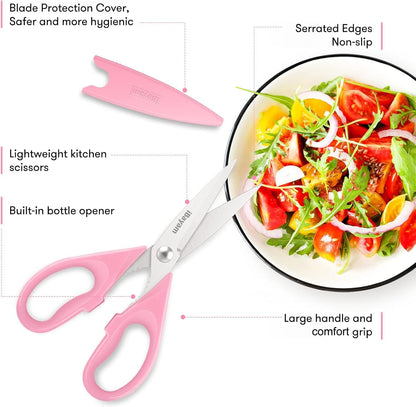 iBayam 8.7" All Purpose Kitchen Shears Heavy Duty with Protective Sheath | Built-In Bottle Opener, Durable Stainless Steel Scissors, Dishwasher Safe, Soft Grip Comfort Handle, Cooking, Food, Packaging